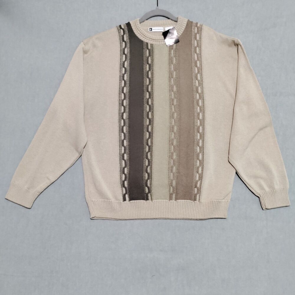 Vintage BACHRACH Mens Large Cable Knit Sweater Tan Neutral Acrylic Made in USA‎